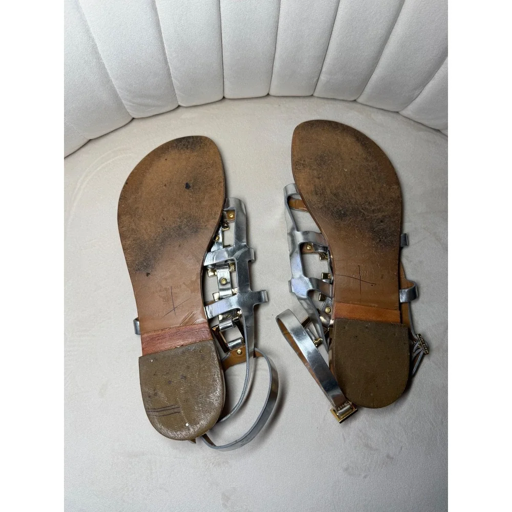 Tory Burch Metallic Silver Leather Gladiator Sandals Gold Hardware Womens Size 8